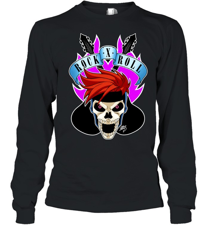 Skull Rock X Roll Music Headbanger Skeleton with Spiky Red Hair Long Sleeved T-shirt
