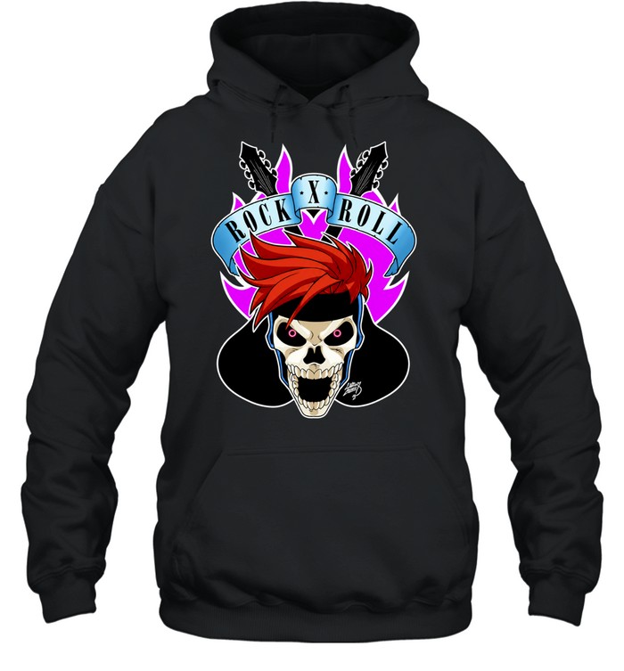 Skull Rock X Roll Music Headbanger Skeleton with Spiky Red Hair Unisex Hoodie